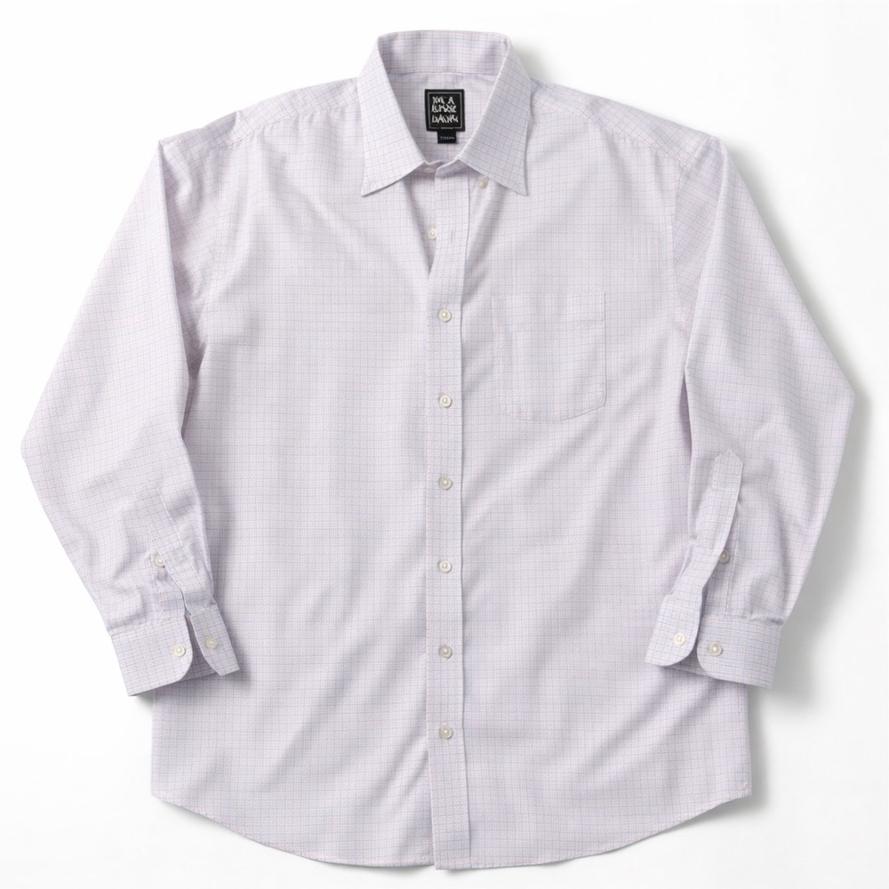 Jos A Bank Traveler Pink Blue Check Dress Shirt Men 17.5x35 Cotton